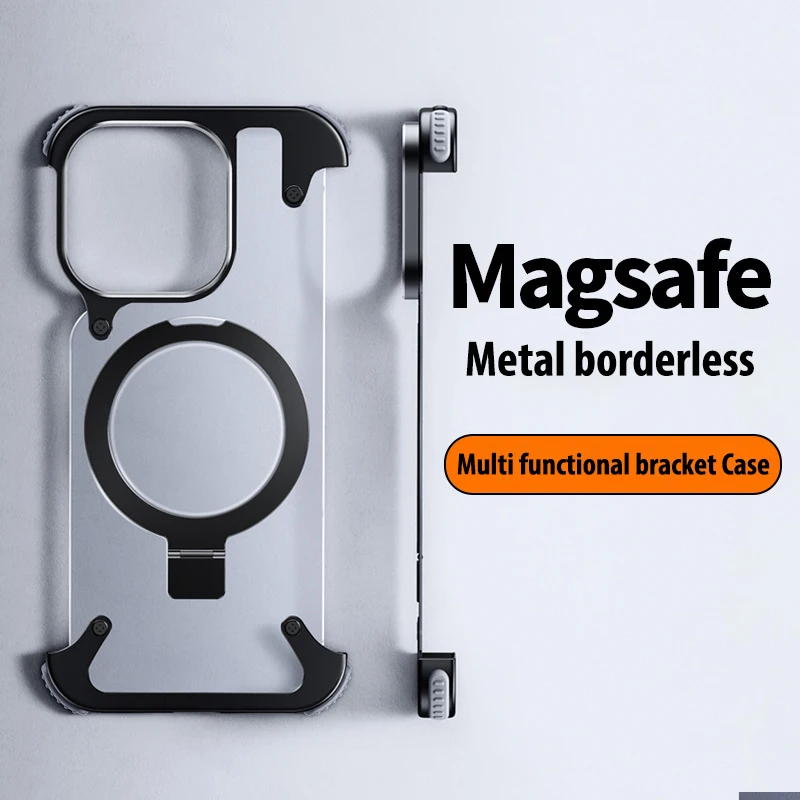 For iphone15 14 13 Pro Max Case Metal Magsafe frame four corner airbags Transparent leather Finger Ring car Phone Holder cover