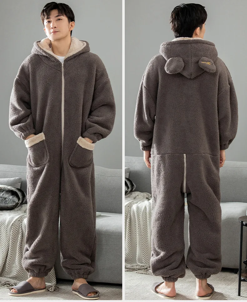 Mens Winter Fluffy Pajamas Onesies Super Warm Homewear Plush Sleepwear Thermal Thickened Adult Onesie Loose Cute Clothes for Man