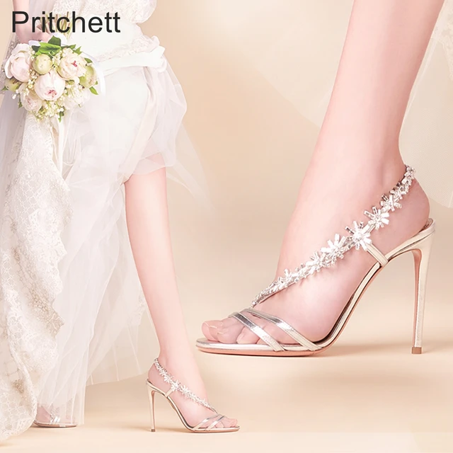 Leather Silver Snow Rhinestone Stiletto High Heels 2023 Summer Sexy Dress Shoes Crystal Diamond Chain Open-toed Wedding Shoes