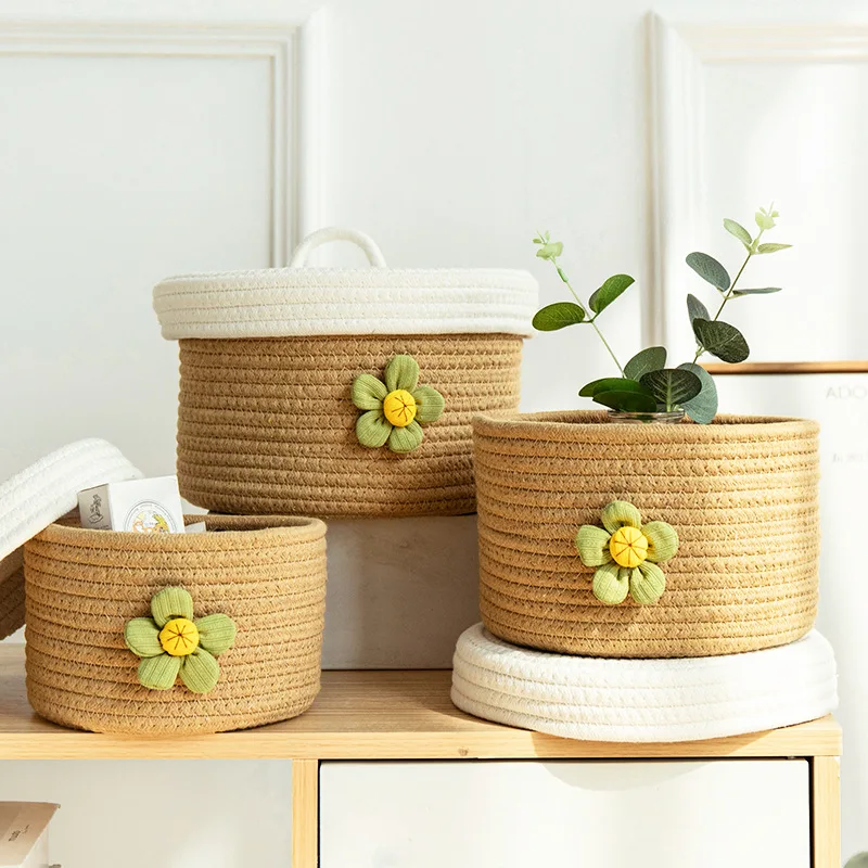Desktop Woven Storage Box with Lid, Sundry Basket, Snack Household Basket, Cosmetics