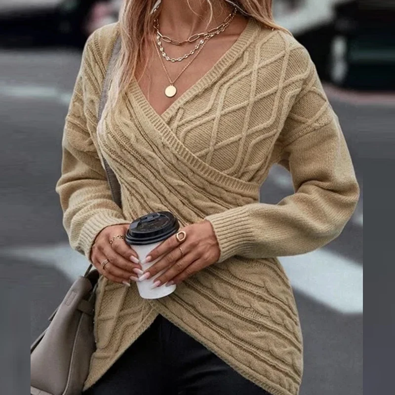 

Autumn Winter Vintage Chic Cross Sweater Ladies Casual Elegant V-Neck Commute Wear Jumpers Women Slim Knitted Sweaters Pullovers