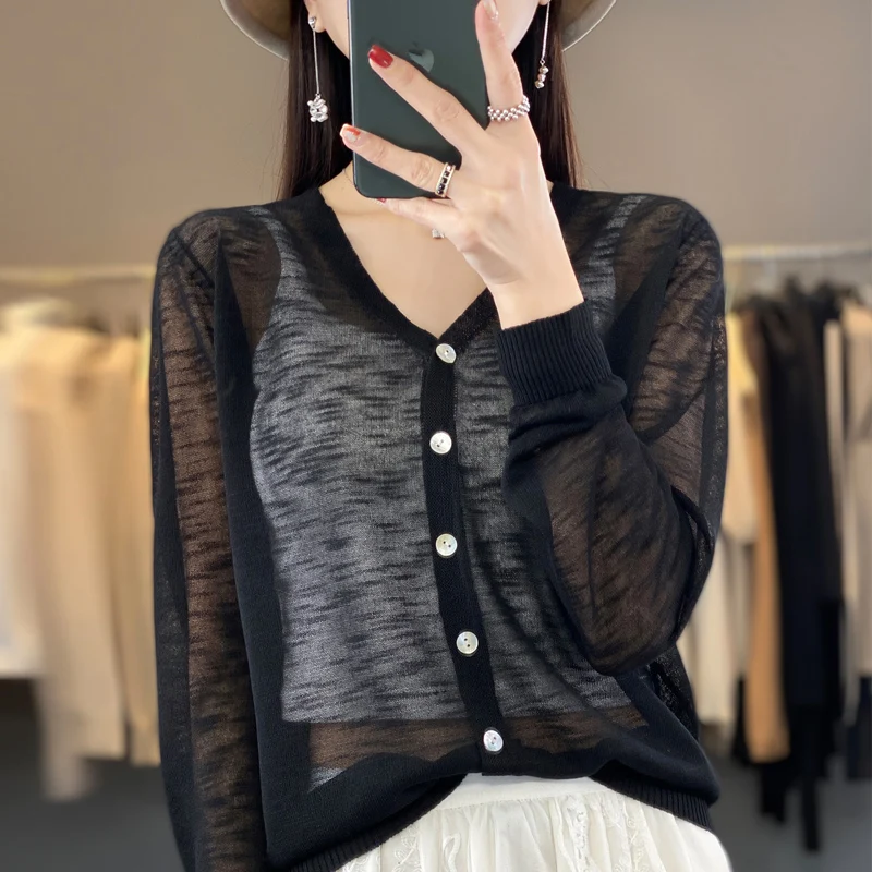 여성용 플라워 샌드 Lce 실크 얇은 니트 가디건, 린넨 V넥 자외선 차단 코트, 우아한 단추 독특한 티셔츠, 산뜻한 여름 신상