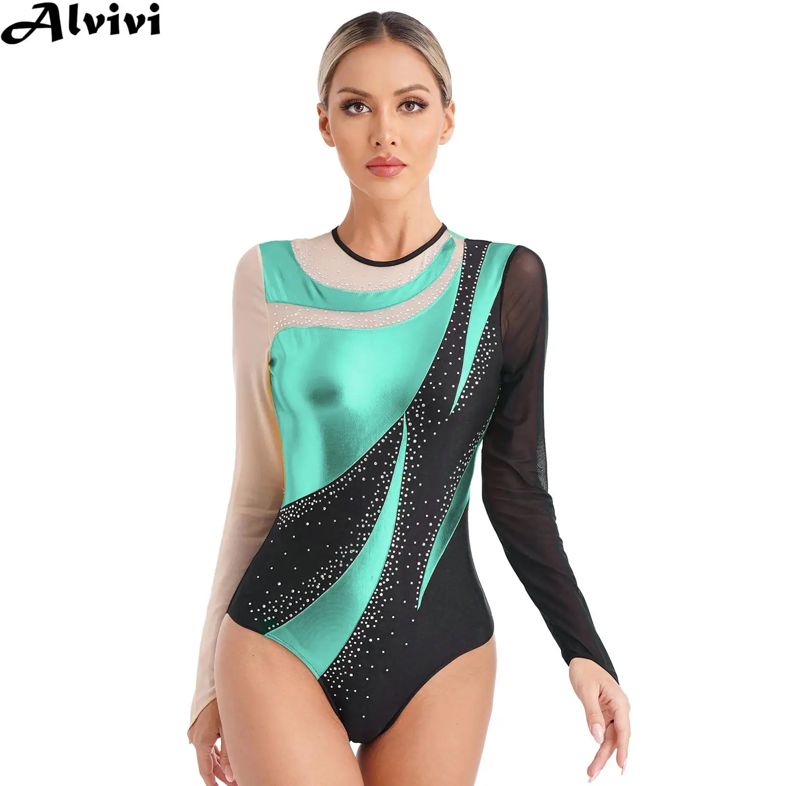 

Women Ballet Dance Gymnastics Leotard Figure Skating Acrobatics Yoga Costume Long Sleeve Rhinestone Mesh Bodysuit Dancewear