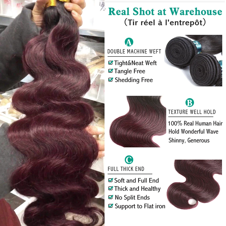 Body Wave Human Hair Brazilian 10-28 Inch Dark Roots 1B 99J Ombre Bundles One Bundle