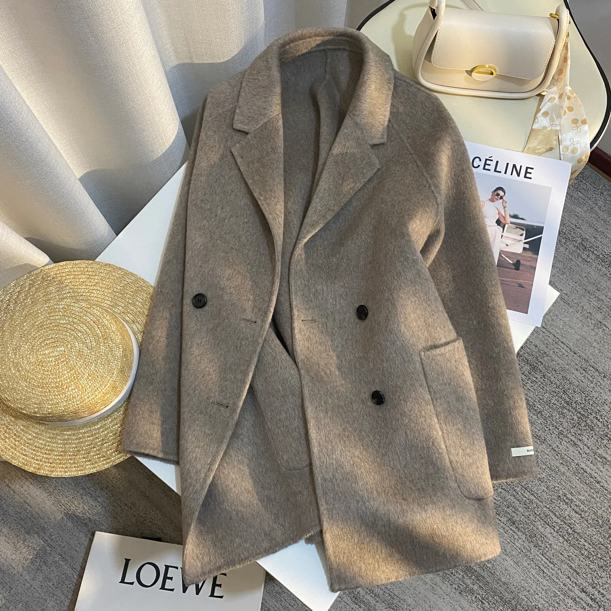 

Brown Woolen Coat New Women Outerwear Winter Clothing Fashion Woolen Blends Female Elegant Double-breasted Coat