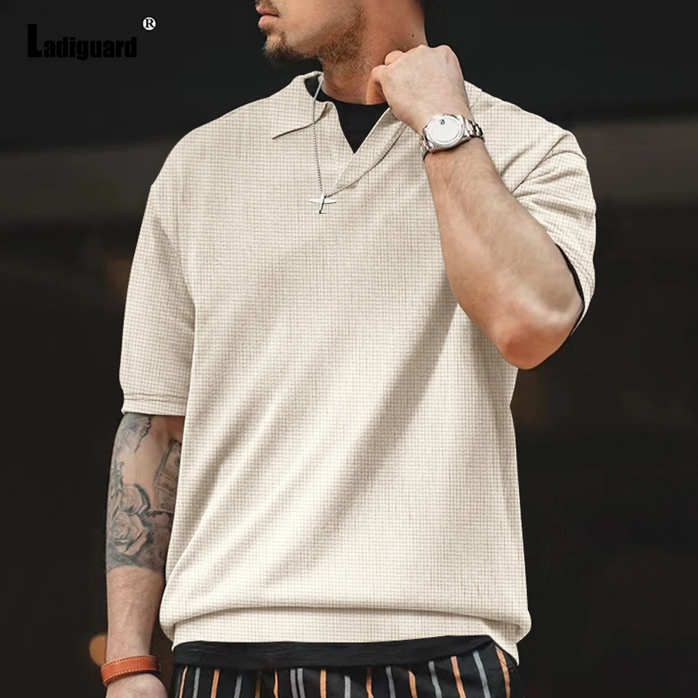 

Ladiguard 2023 America Europe Waffle T Shirt Men Casual Basic Shirt Lepal Collar Tees Shirt Mens Solid Apricot Pullovers Homme