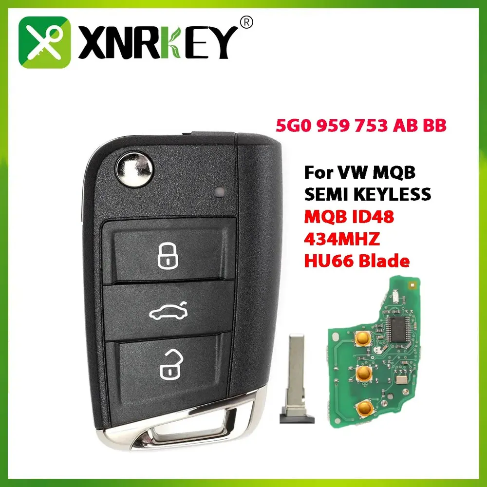

XNRKEY 5G0 959 753 AB BB Replacement Car Remote Key For VW Skoda MQB VII Golf MK7 2017 Touran Polo Tiguan 434MHz ID48 Chip