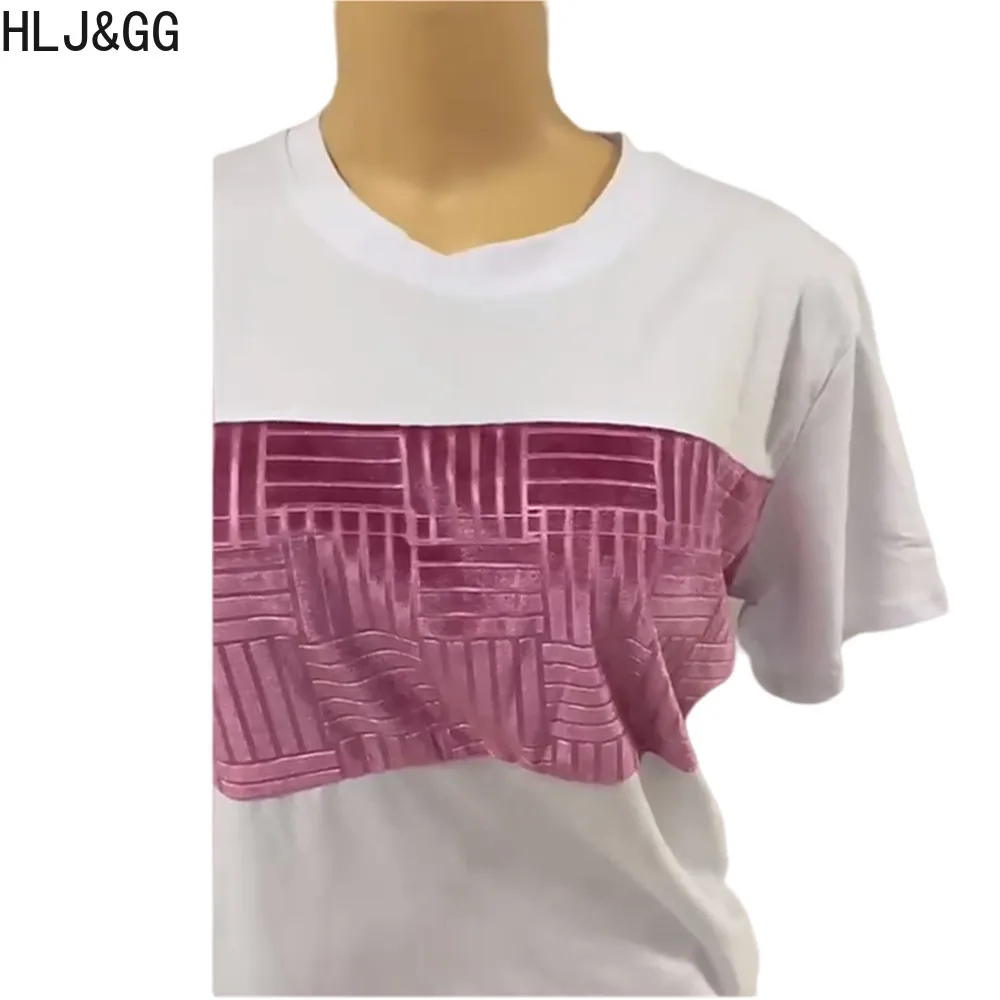 HLJ&GG Casual Patchwork Matching Two Piece Sets Women Round Neck Short Sleeve Top + Pants Tracksuits Female Sporty 2pcs Outfits