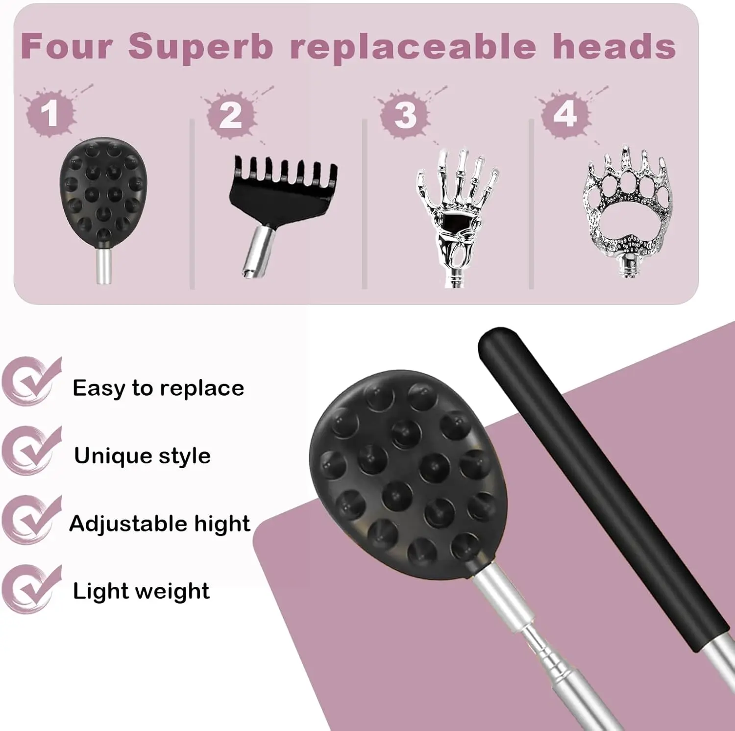 Back Scratcher Telescoping Back Massager with 4Pcs Different Detachable Heads Body Scraper Birthday Gifts for Men & Women