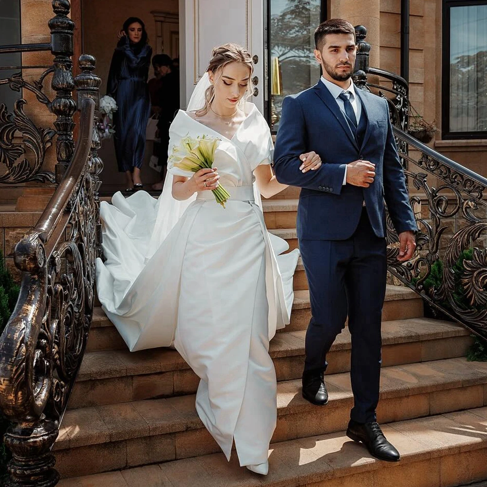 

Elegant Satin Long Wedding Dresses Pff The Shoulder Draped Taffeta Bridal Dress With Train High Quality Custom Made Party Gowns