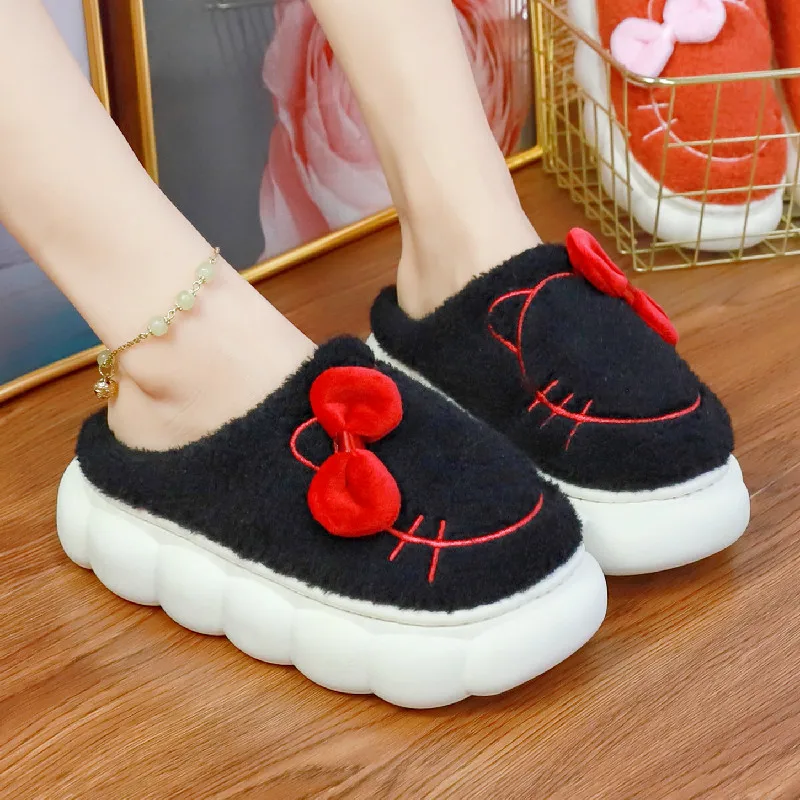 Nero Rosso Bowknot Pantofole Gattino Inverno Caldo Muli Di Pelliccia Gattino Gatto Pantofola Piattaforma Per La Casa Indoor Kawaii Rosa Pantofola