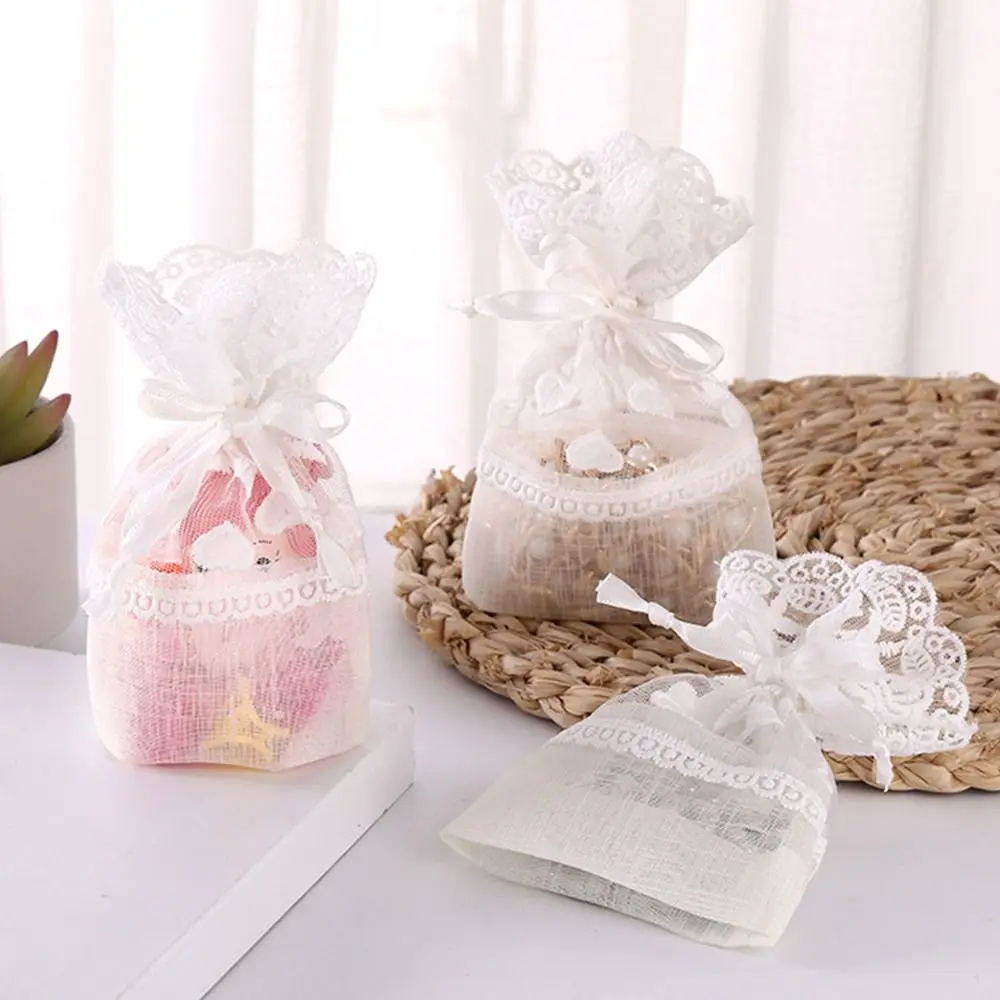 White Gauze Gift Bag with Lace for Festival Favor and Storage