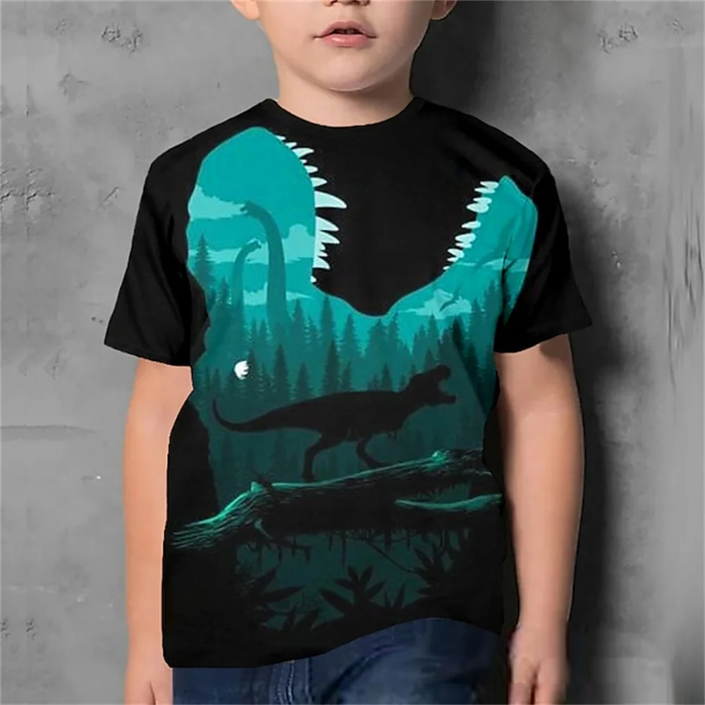 Children Clothes Girls 8 To 10 Years T Shirt For Boys Dinosaur Short Sleeve Cartoon Animals Summer Black Kid T-Shirts 3d Print