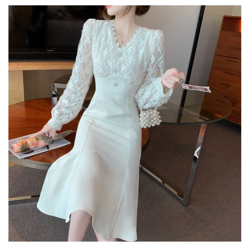 

French White Lace Dress Women Elegant Fashion Party 2023 Luxury Dress Korean Style One Piece Spring Autumn Dresses 2023 2024