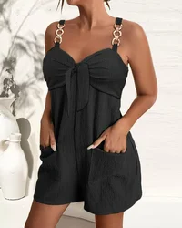 Jumpsuit Women 2023 Summer Fashion Chain Strap Pocket Design Knotted Casual V-Neck Sleeveless Office Lady Romper