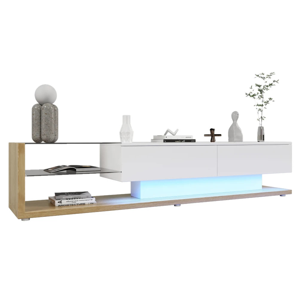 PINGGO Moderner, natürlicher, weißer Hochglanz-TV-Schrank im Landhausstil mit Glastrennwänden und variabler LED-Beleuchtung für das Wohnzimmer – Detail 11