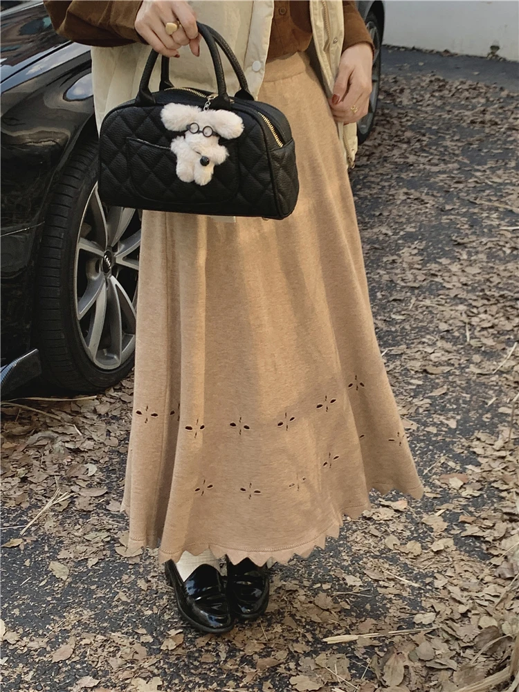 

BETHQUENOY High Waist Big Swing A Line Skirt Women Autumn Winter Clothes Faldas Mujer Elegant Casual Openwork Knitted Midi Skirt