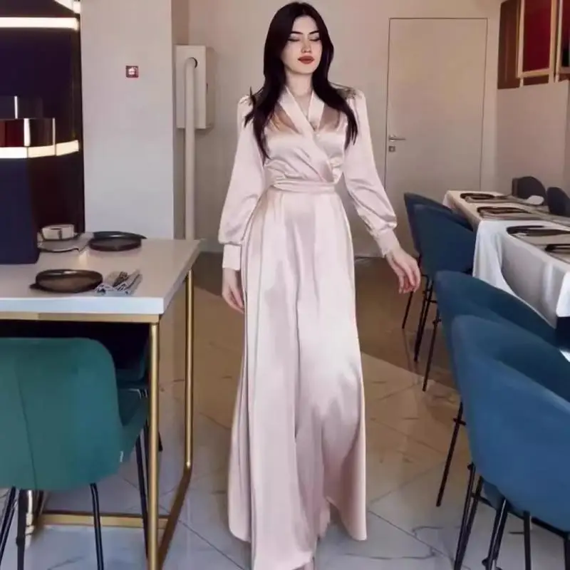 

2024 V-Neck Long Sleeved Woman Dress Lace Up Lady Clothing Solid Maxi Dresses Noble Elegant Part Evening Robe Summer New Clothes
