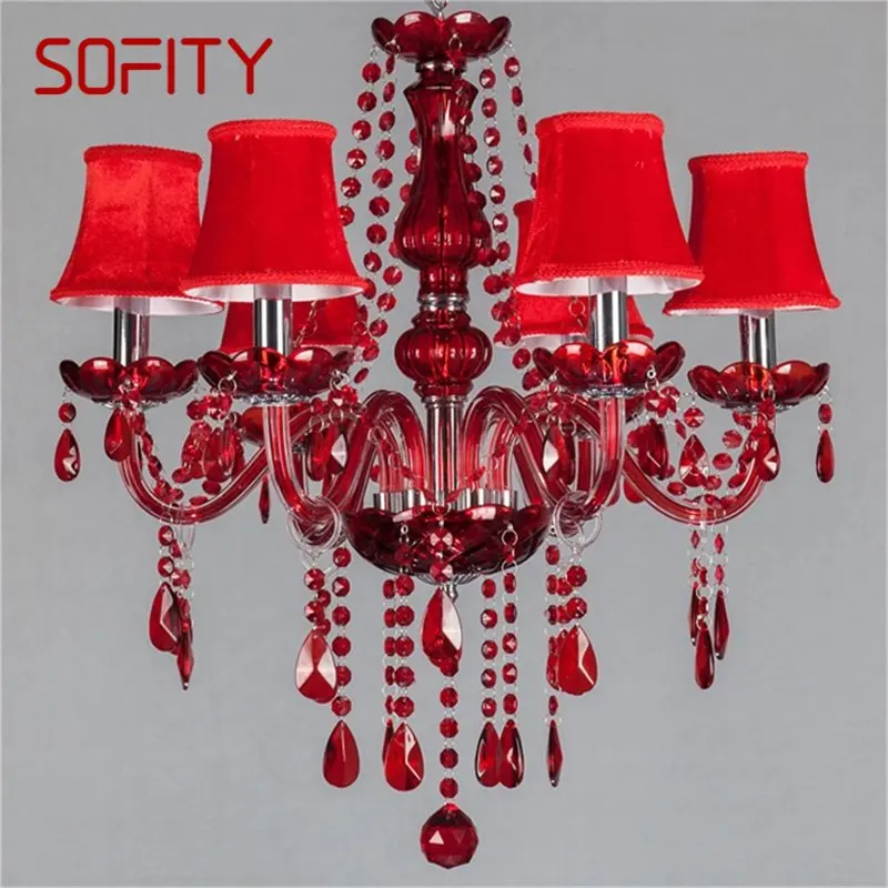 

SOFITY European Style Chandelier Red Pendant Crystal Candle Luxury LED Light Fixtures Modern Indoor for Home Living Room