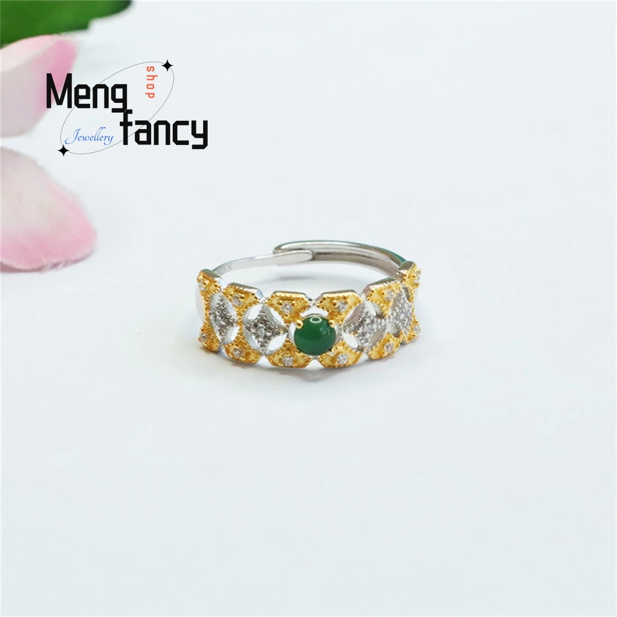 

Natural S925 Silver Inlaid Jadeite Ice King Green Egg Face Gold White Two Tone Hollow Starlight Ring Simple Personalized Jewelry