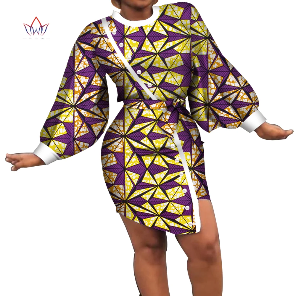 Women Sweet African Print Dresses Dashiki Pearls Puff Sleeve