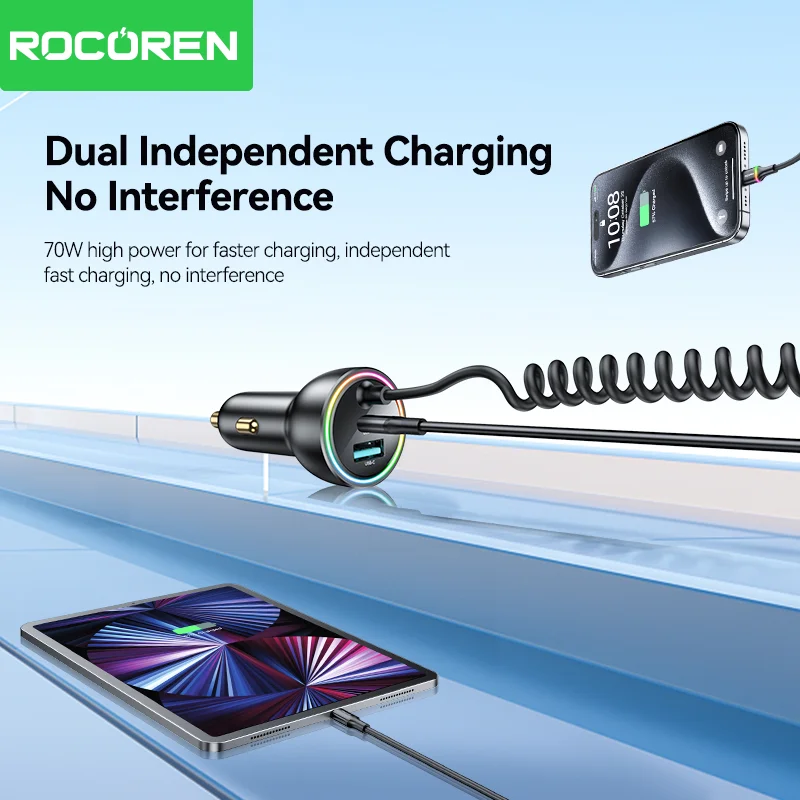 Rocoren 70W USB C Car Charger With Spring LED Cable Fast Charge Type-C USBC Car Charging Adapter For iPhone 16 15 Pro Max Xiaomi Best Sellers In Phones Accessories