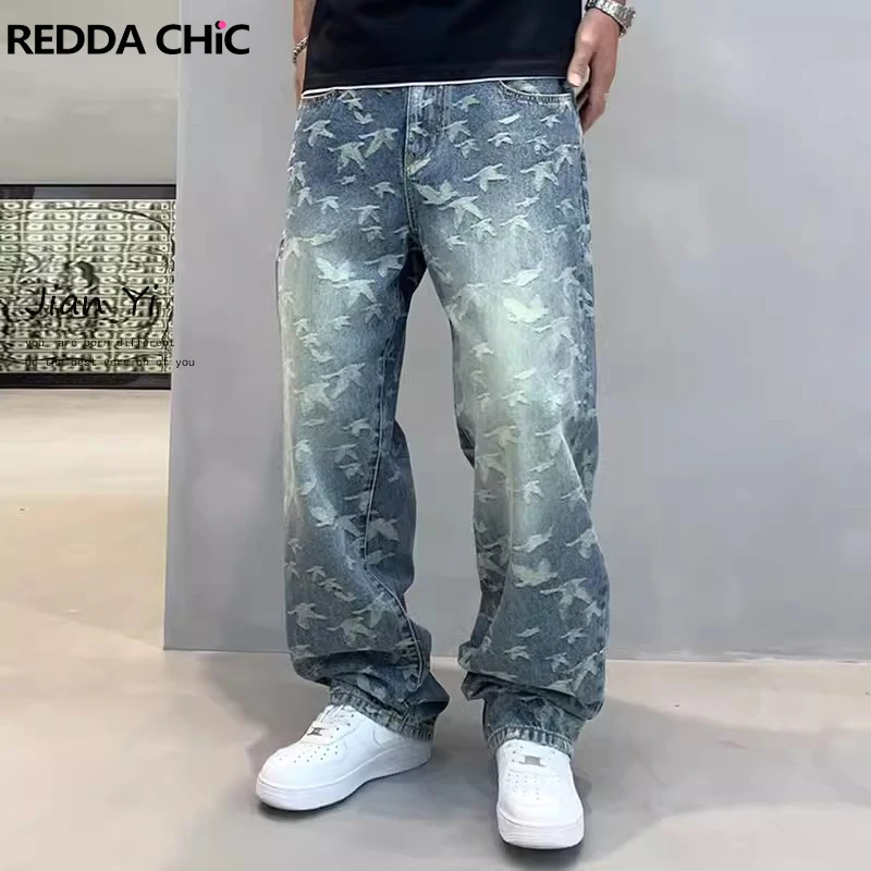 

REDDACHIC All Over Jacquard Men Baggy Jeans Distressed Straight Wide Leg Pants Loose Casual Hiphop Trousers Retro Y2k Streetwear