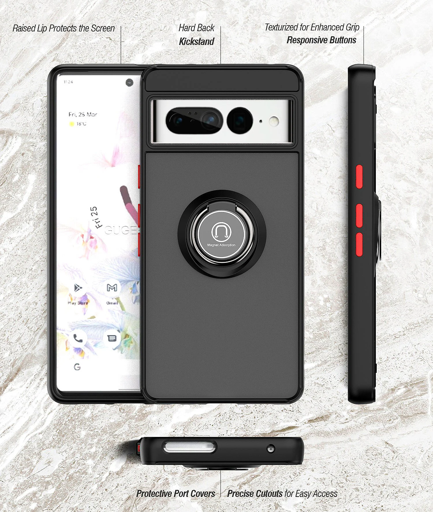 Cover Per Google Pixel 7 + Vetro Temperato 3 Pezzi - Custodia Con Slot Porta Carte, Anello Rotante 360° E Protezione Fotocamera Scorrevole, Nero - 4