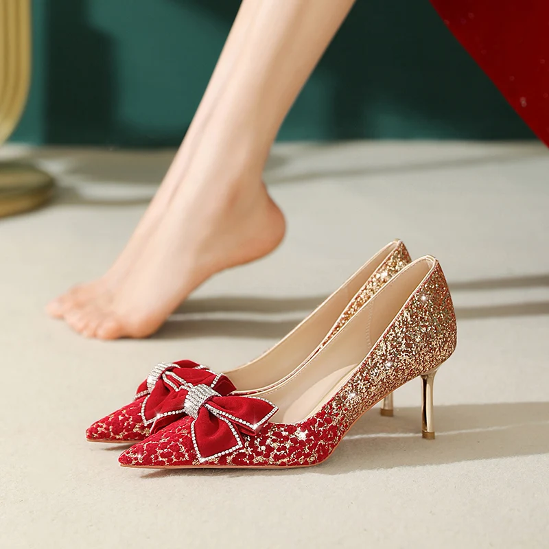 

Red Golden Gradient Sequin Wedding Shoes Crystal Bowknot Shining Bride Dress Wedding Pumps Hight Grade Women Stiletto High Heels