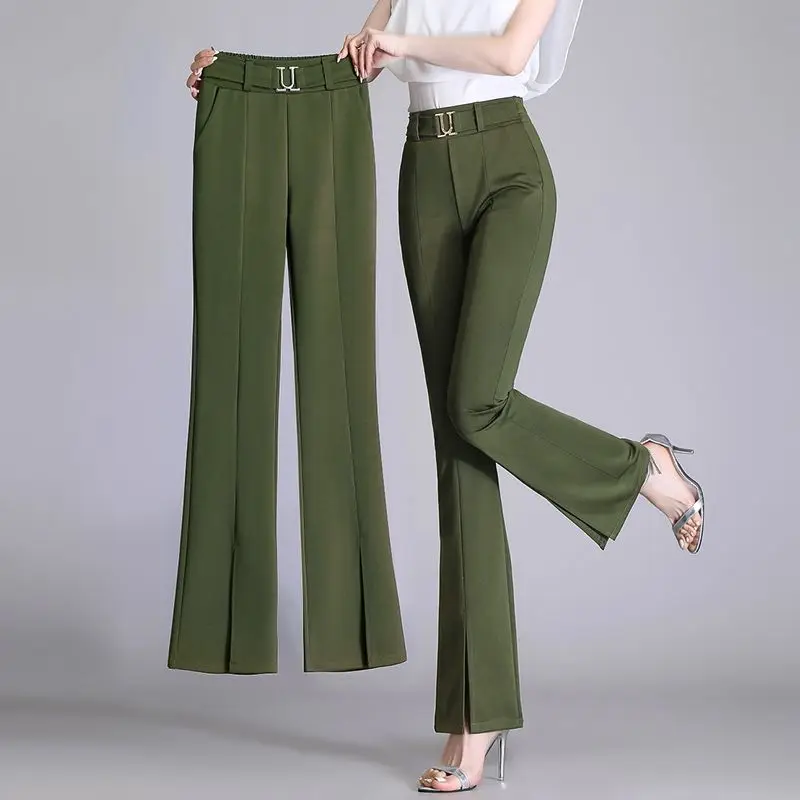 Korean Simple Commuting Autumn High Waist Casual Pants Solid Pockets Loose Versatile Bottom Split Micro Horn Straight Trousers 2023 high waist jeans for women spliced button micro horn women s demin pants