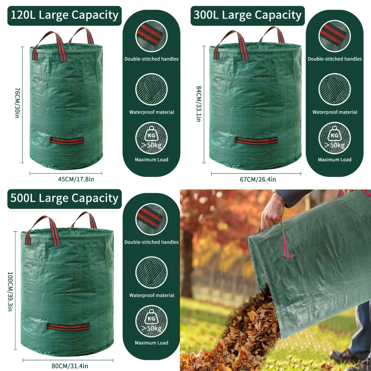 Garden Waste Bag 500L/300L/120L Large Capacity Reusable Waterproof Leaf Sack Weed Trash Container For Yard Leaf Storage Can