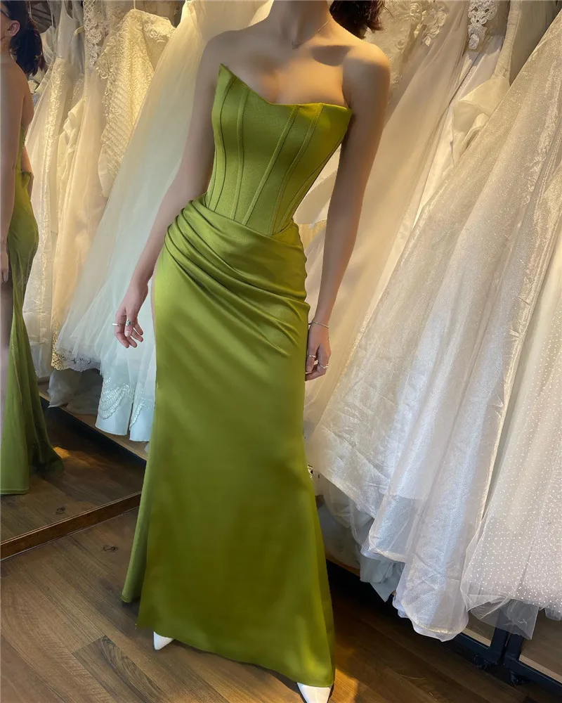 

Smileven Green Evening Dresses Pleats Strapless Satin Prom Dresses Robe De Marieer Corset Formal Occasion Gowns 2023