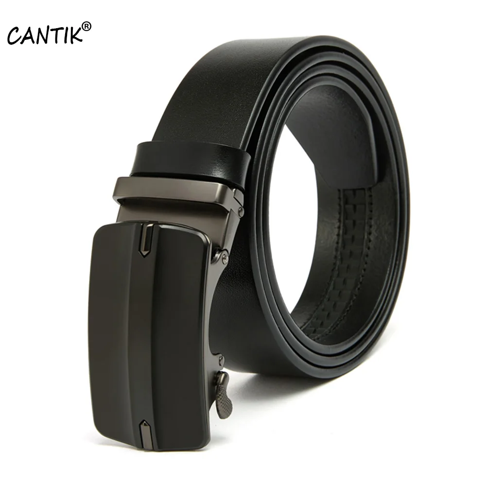 CANTIK Formal Style Design Automatic Buckle Metal Quality Black Cowhide Leather Belts Men Clothing Pants Accessories 3.5cm Width