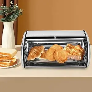 Edelstahl-Brotkasten - Großer Brotbehälter, Aufbewahrungsbox für Brot, Brötchen, Kekse, Silber (10 L, 43,5 x 27 x 18 cm) – Detail 11
