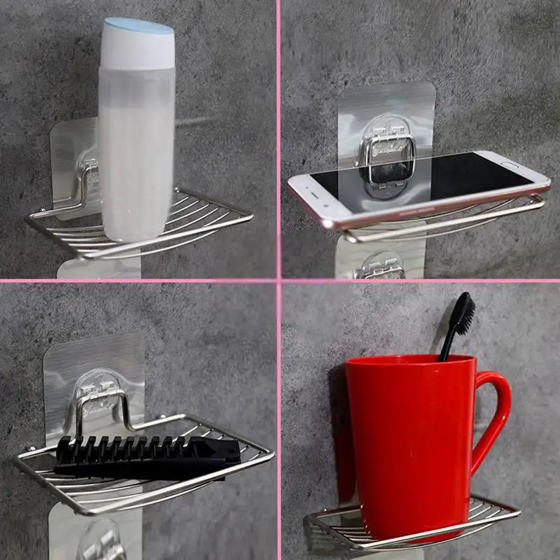 1pc Stainless Steel soap rack Soap Box Light Luxury Shelf Punch-free Nail-free Bathroom Single Layer Drain Wall Hanging