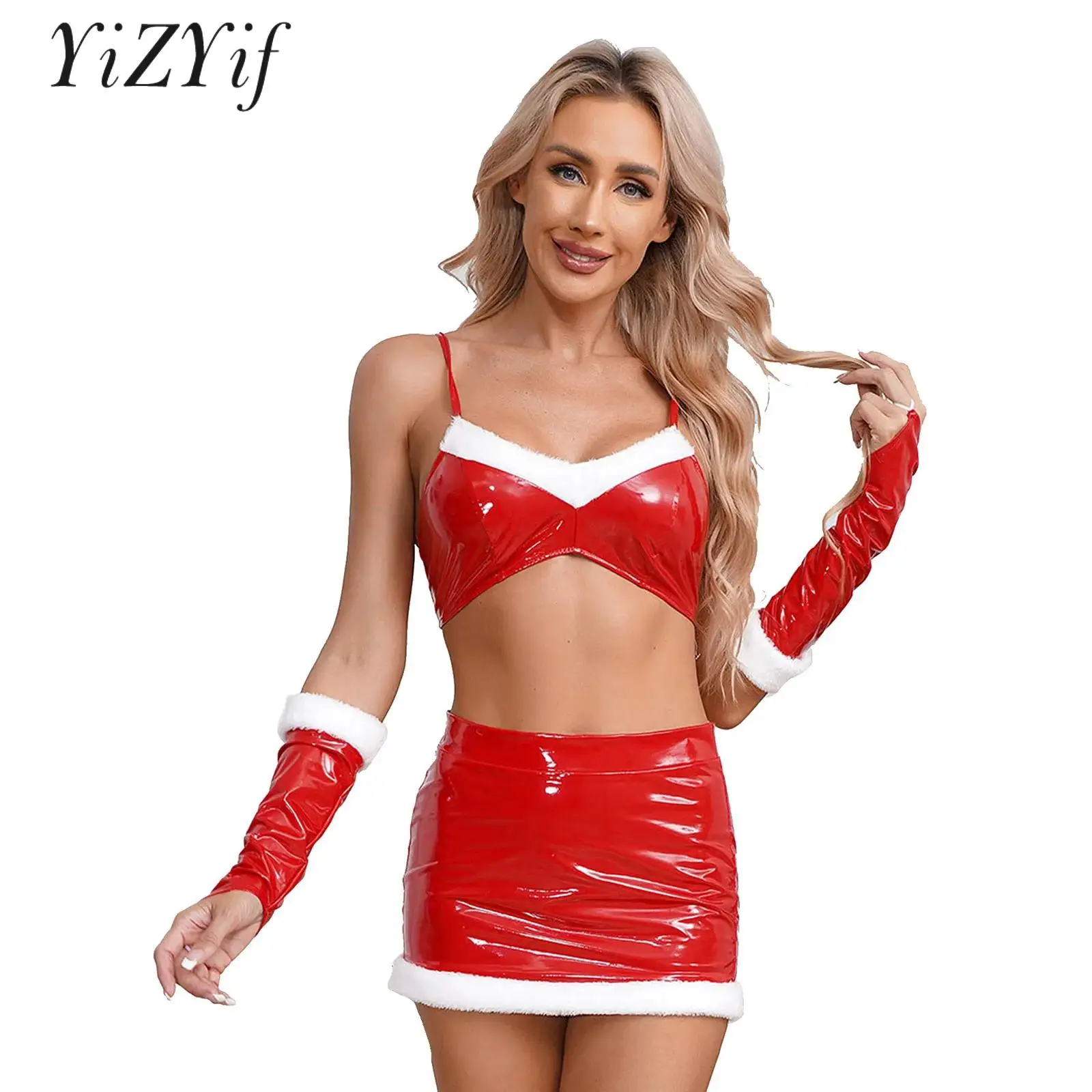 

Womens Sexy Christmas Lingerie Set Wetlook Patent Leather Dress-Up Bra Crop Top Open Butt Mini Skirt and Glover Party Underwear