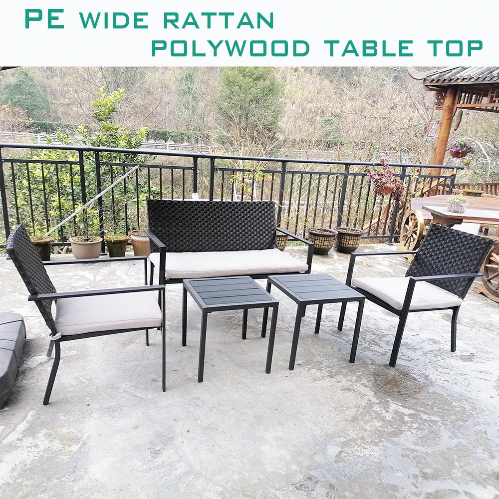 Cobcciden Steel Iron Frame Wide Rattan Patio 5 Pieces love Seat Chair and Coffee Tea End Table Garden Patio Furniture
