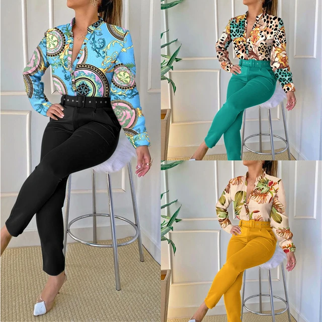 Womens Two Piece Sets Outfit Elegant Long Sleeve Floral Print Shirt & High  Waist Pants Set with Belt Fashion 2023 Summer Casual - AliExpress