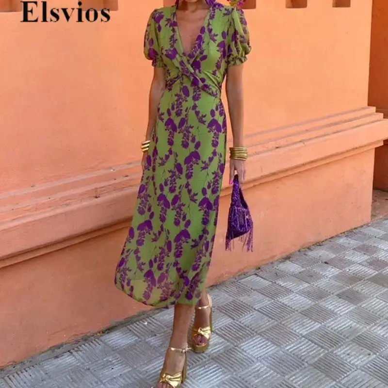 

Women Floral Print Party Dress Fashion Chic Twist V-Neck Slim Office Dress Commute Casual 2024 Short Sleeve Street Long Dress