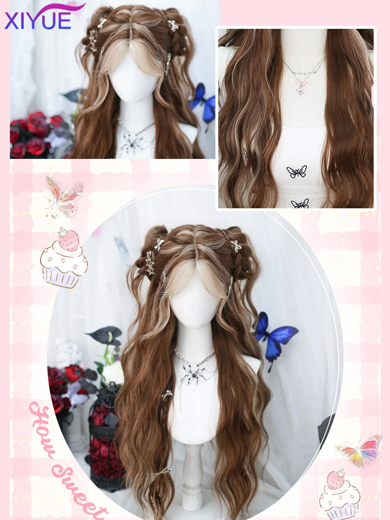 XIYUE Brown Blonde Long Wavy Synthetic Wigs Middle Part Natural Wig Heat Resistant Cosplay Party Daily Hair Wig for Women