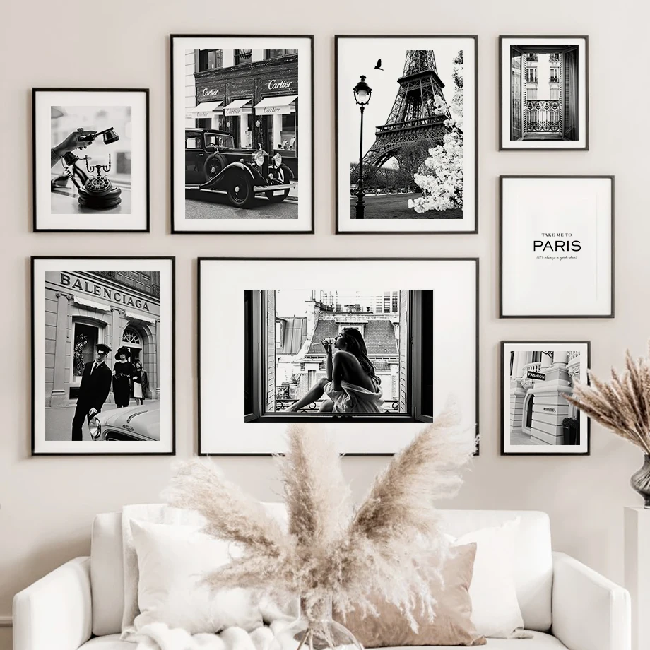 

Fashion Paris Tower Girl Vintage Black White Wall Art Canvas Painting Nordic Posters And Prints Wall Pictures For Living Room