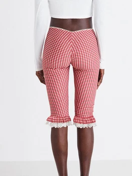 Women s Plaid Capri Pants with Lace Ruffles and Stretchy Cropped Leggings for Summer Casual Wear 4