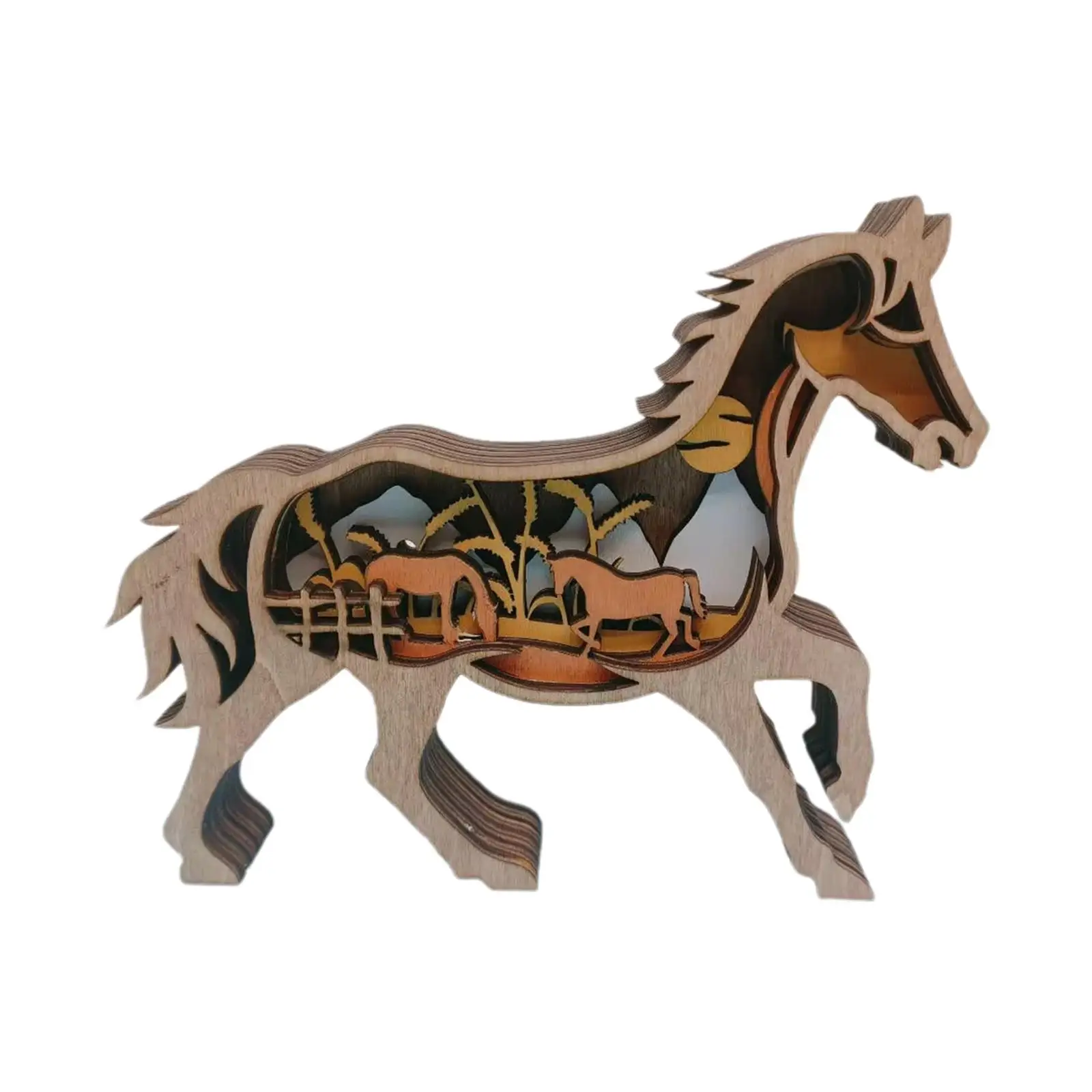 

Wooden Animal Horse Ornaments Layered Carved Table Retro for Home Decoration