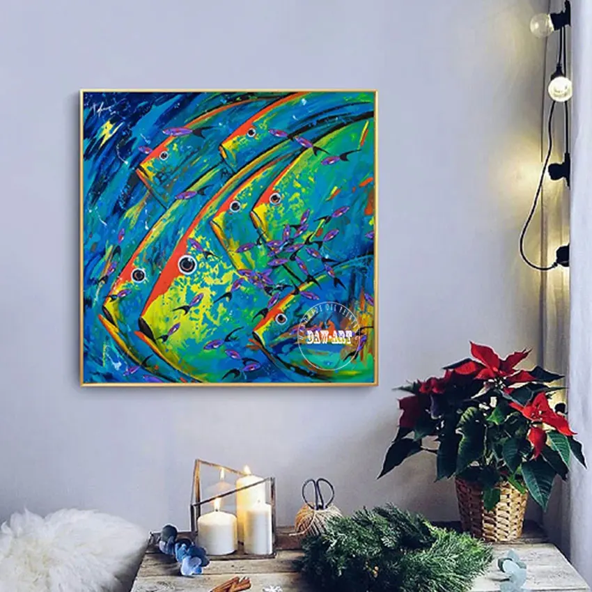 

Fish Abstract Art Painting Blue Acrylic Wall Poster Animal Canvas Picture Frameless Office Artwork 3D Seabed Simple Hand Drawing
