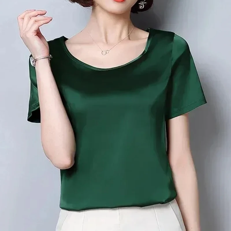 Women Tops and Blouses Office Lady Elegant Satin Blouses Round Collar Tops Summer Short Sleeve Solid Color Shirt Clothes 2126 50