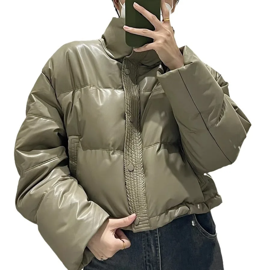 

Корейские короткие женские стеганые пальто, парки, Белые куртки, утиный пух, хлопок, искусственная кожа, Осень-зима, макси карманы, теплая 2023 верхняя одежда