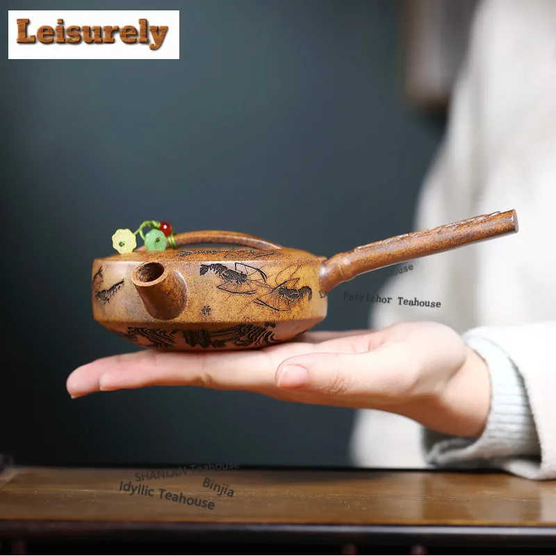 180ml Yixing Purple Clay Teapots Handmade Side Handle Pot Raw Ore Wood-fired Porcelain Mud Tea Brewing Kettle Zisha Tea Set Gift