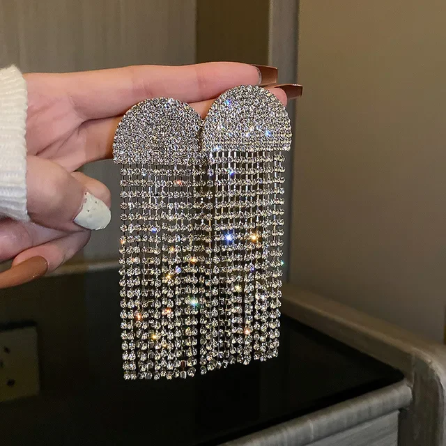 Fashion Statement Long Full Rhinestone Big Crystal Tassel Earrings For Women Euorpe Evening Party crystal earrings long earrings crystal tassel earrings