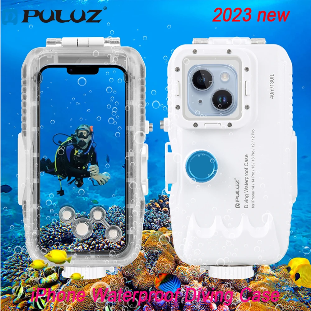 

PULUZ 40m/130ft Waterproof Diving Case for iPhone 14 Plus 14 13 12 11 Pro Max with One-way Valve Video Underwater Housing Cover