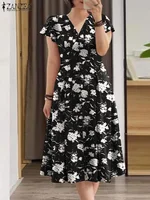 Women Elegant OL Work Floral Mid-calf Sundress ZANZEA Fashion Summer V Neck Short Sleeve Printed Dress Vintage Holiday Vestido - Image 2